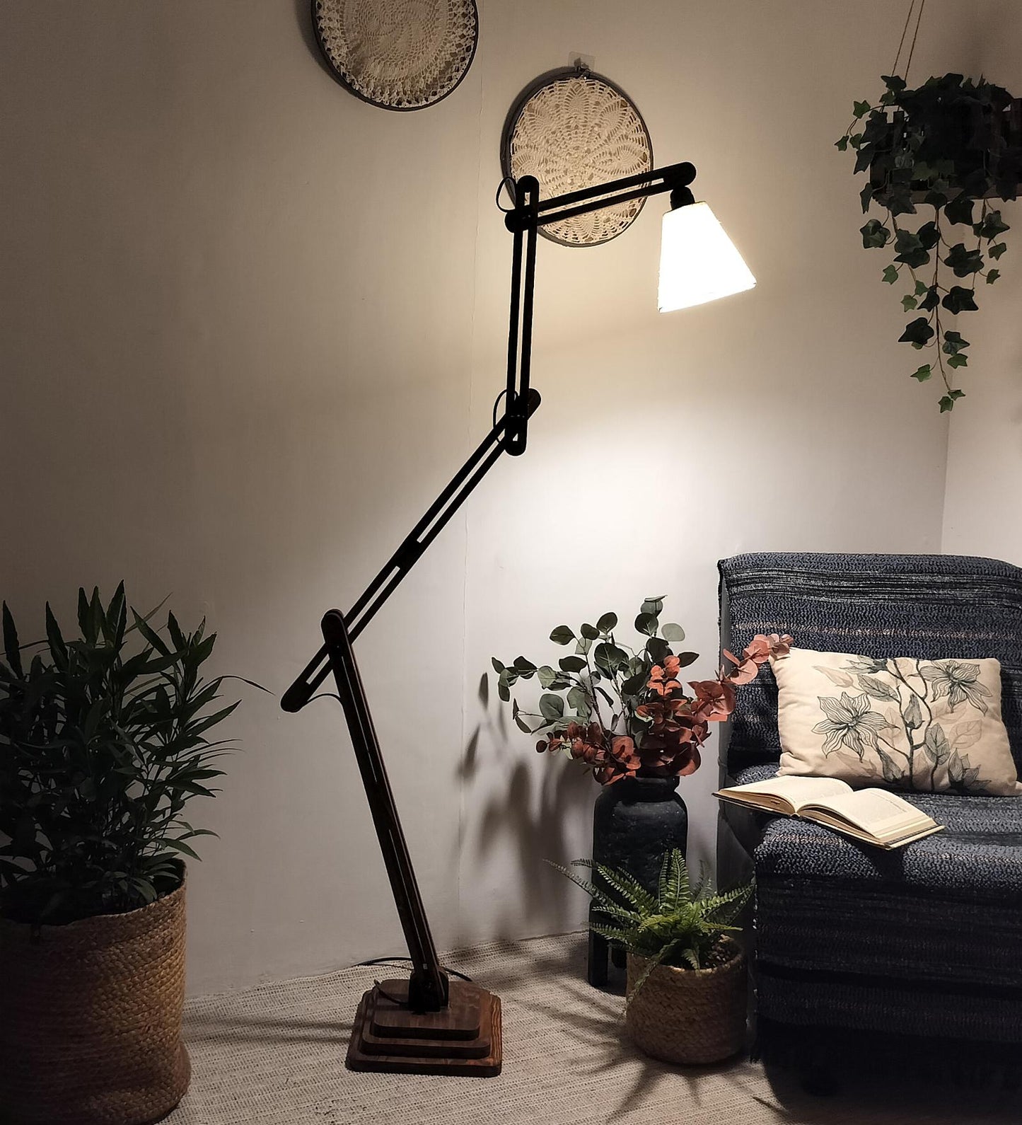 Daisy Wooden Floor Lamp with Brown Base and Jute Fabric Lampshade