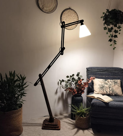 Daisy Wooden Floor Lamp with Brown Base and Jute Fabric Lampshade