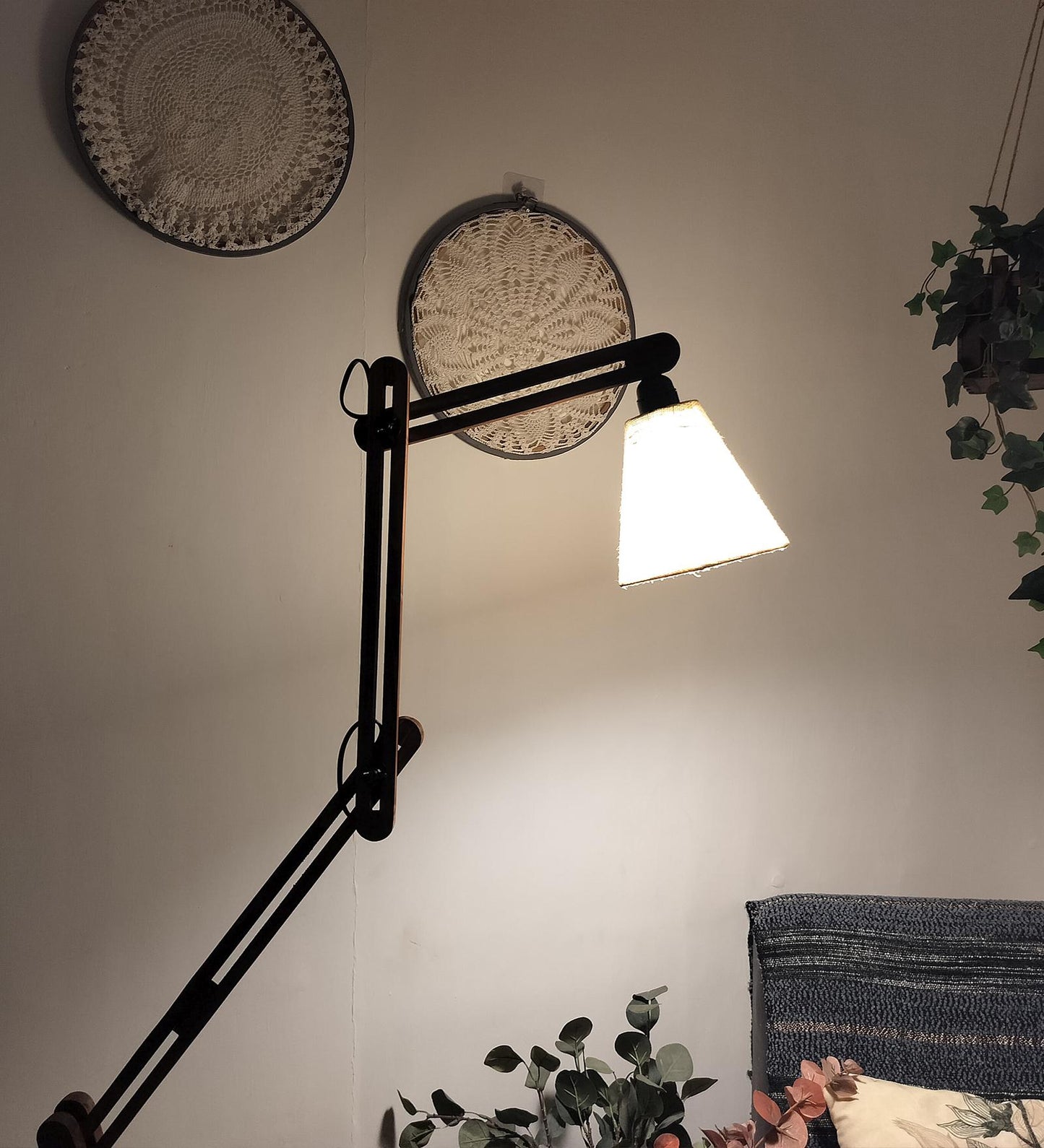 Daisy Wooden Floor Lamp with Brown Base and Jute Fabric Lampshade