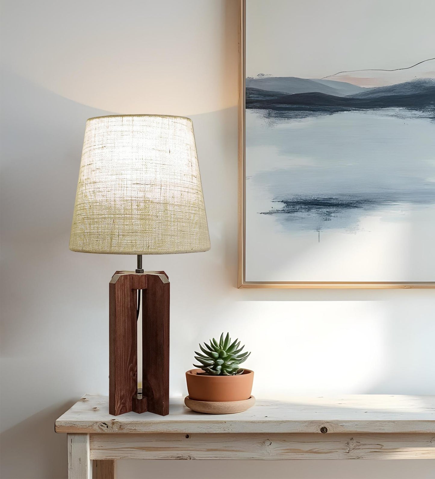 Live Brown Wooden Table Lamp with Jute Lampshade