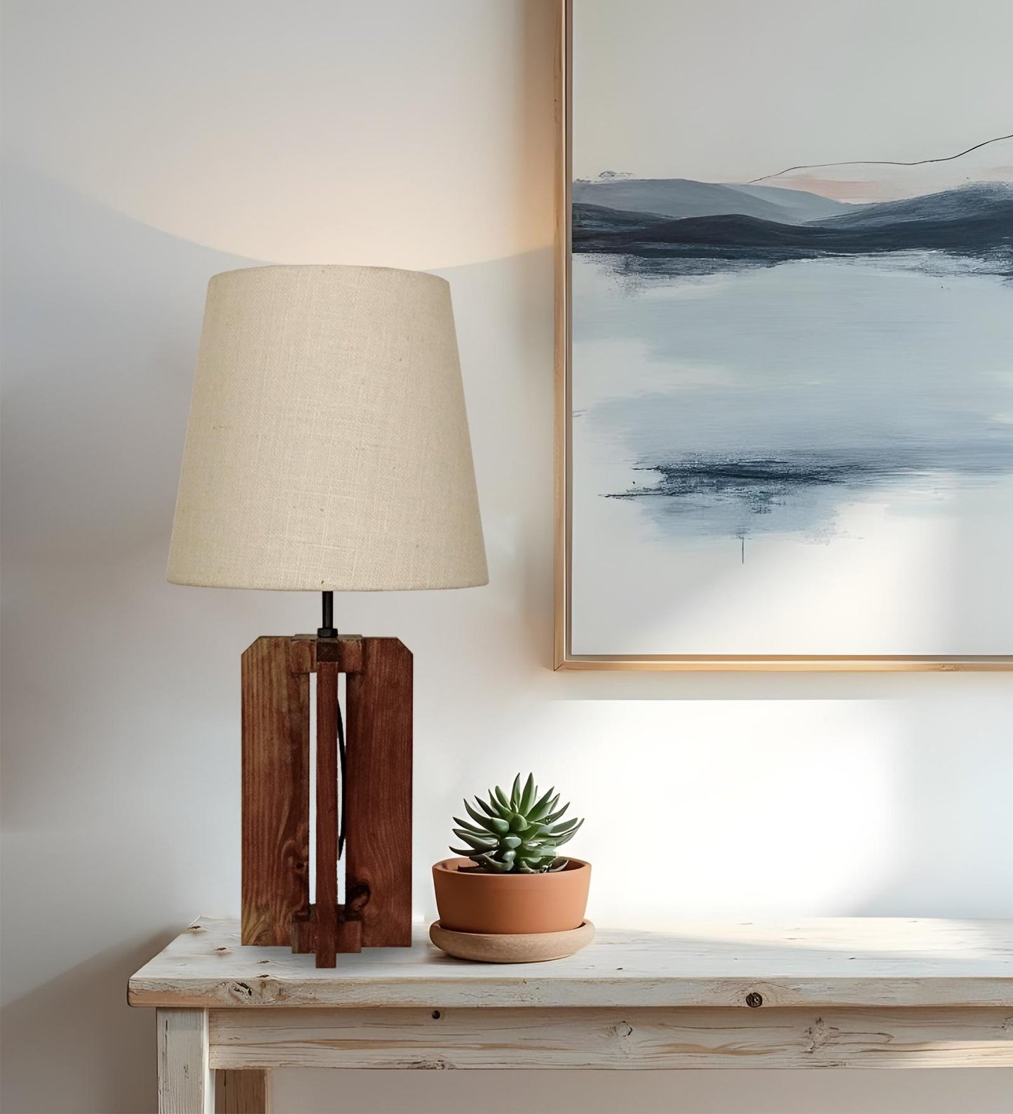 Live Brown Wooden Table Lamp with Jute Lampshade