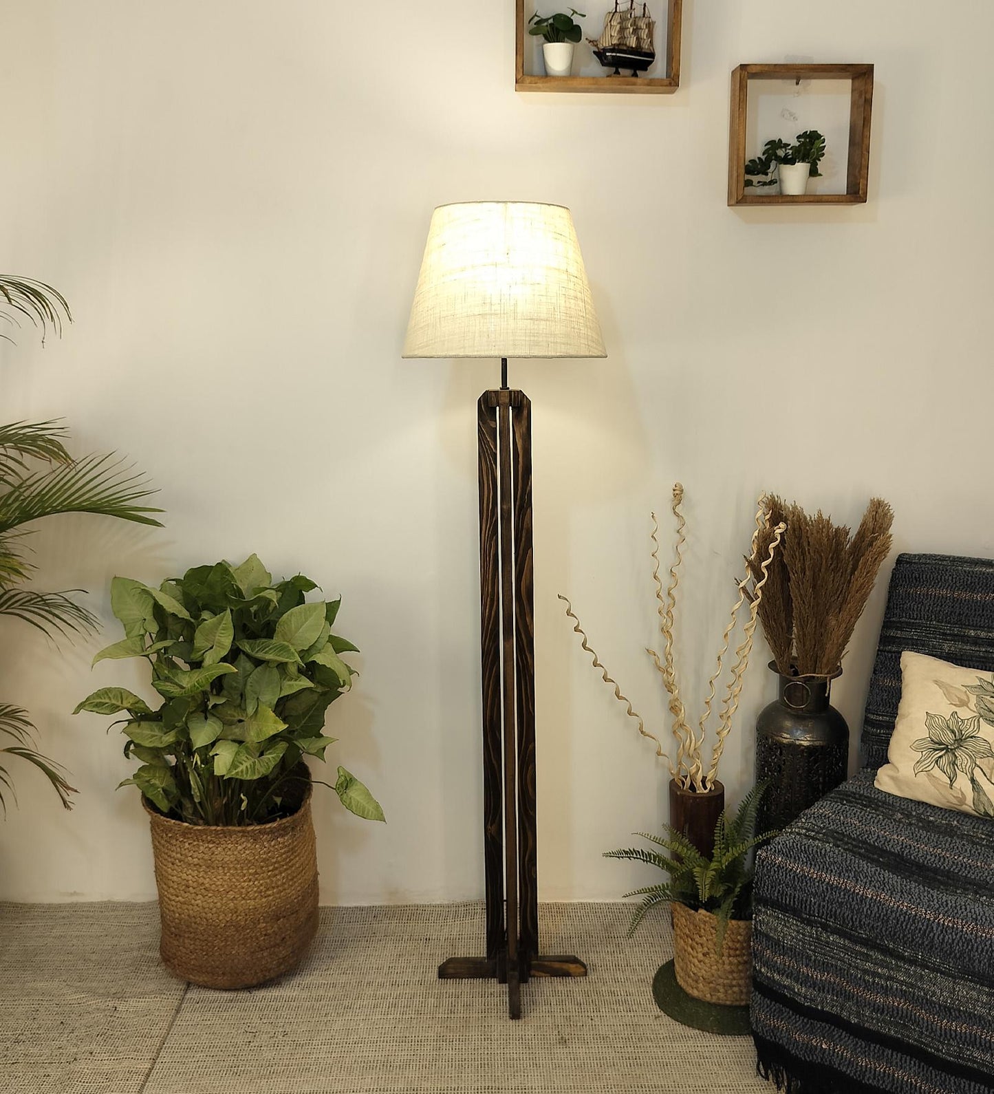 Moonstone Wooden Floor Lamp with Premium Beige Fabric Lampshade