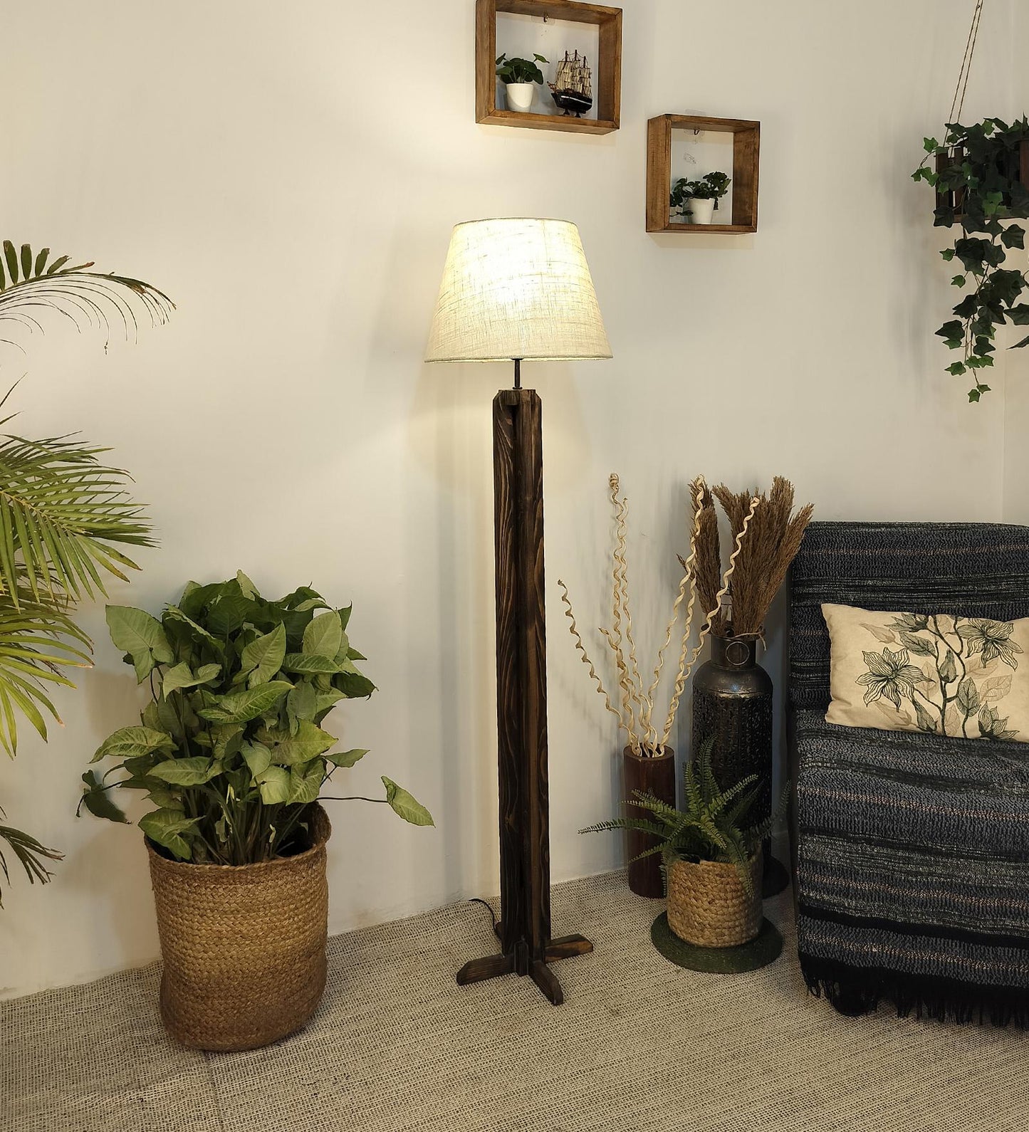 Moonstone Wooden Floor Lamp with Premium Beige Fabric Lampshade