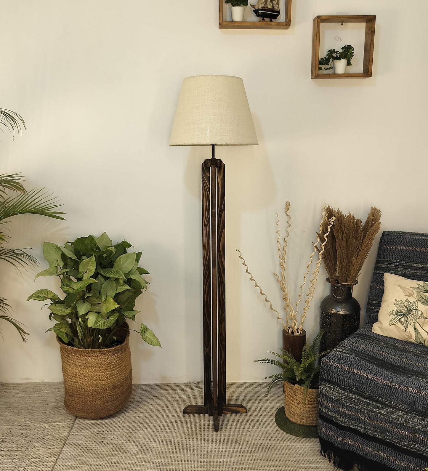 Moonstone Wooden Floor Lamp with Premium Beige Fabric Lampshade