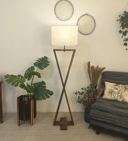 Glow Wooden Floor Lamp with Premium Beige Fabric Lampshade