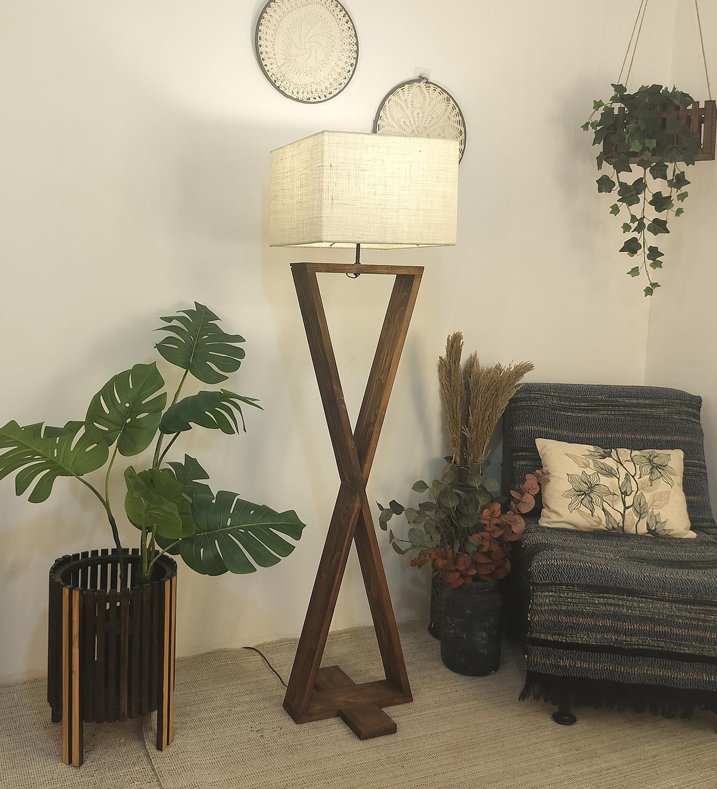 Glow Wooden Floor Lamp with Premium Beige Fabric Lampshade