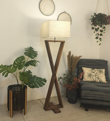 Glow Wooden Floor Lamp with Premium Beige Fabric Lampshade