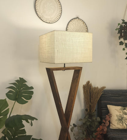 Glow Wooden Floor Lamp with Premium Beige Fabric Lampshade
