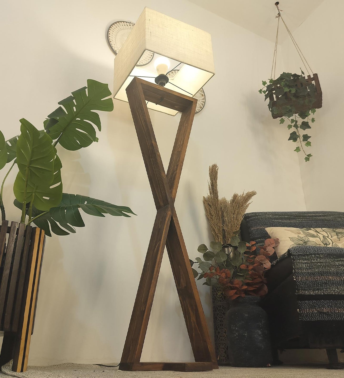 Glow Wooden Floor Lamp with Premium Beige Fabric Lampshade