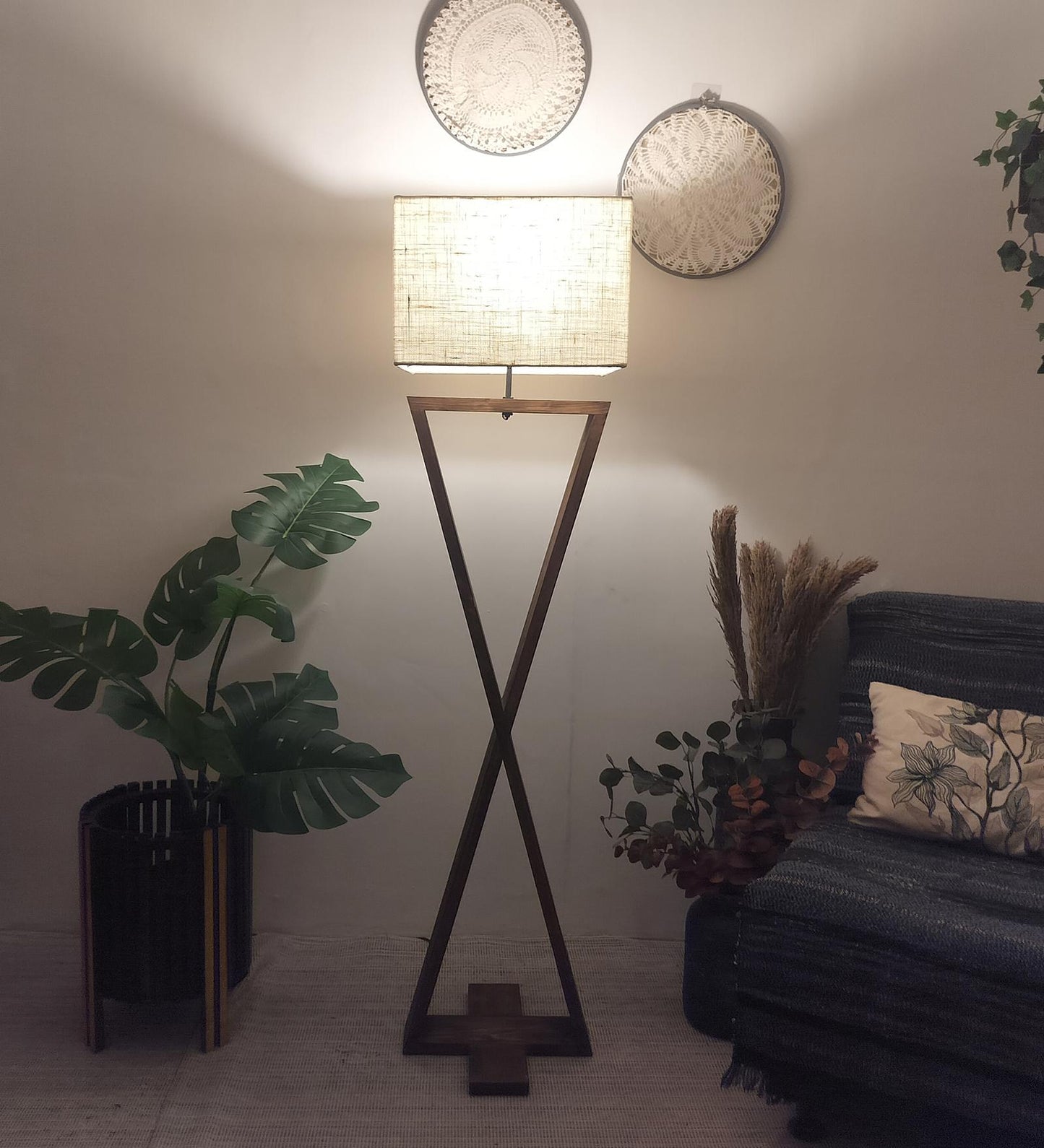 Glow Wooden Floor Lamp with Premium Beige Fabric Lampshade