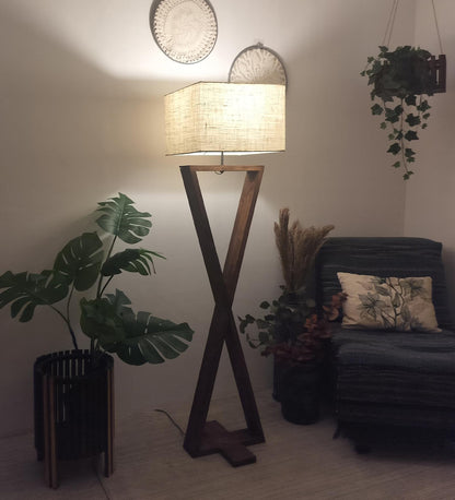 Glow Wooden Floor Lamp with Premium Beige Fabric Lampshade