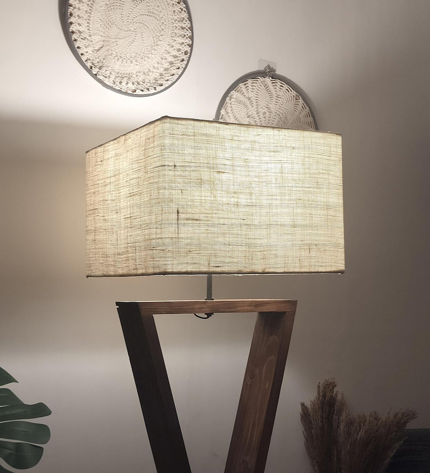 Glow Wooden Floor Lamp with Premium Beige Fabric Lampshade