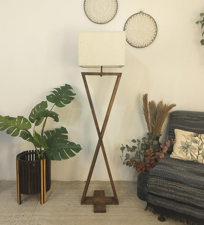 Glow Wooden Floor Lamp with Premium Beige Fabric Lampshade