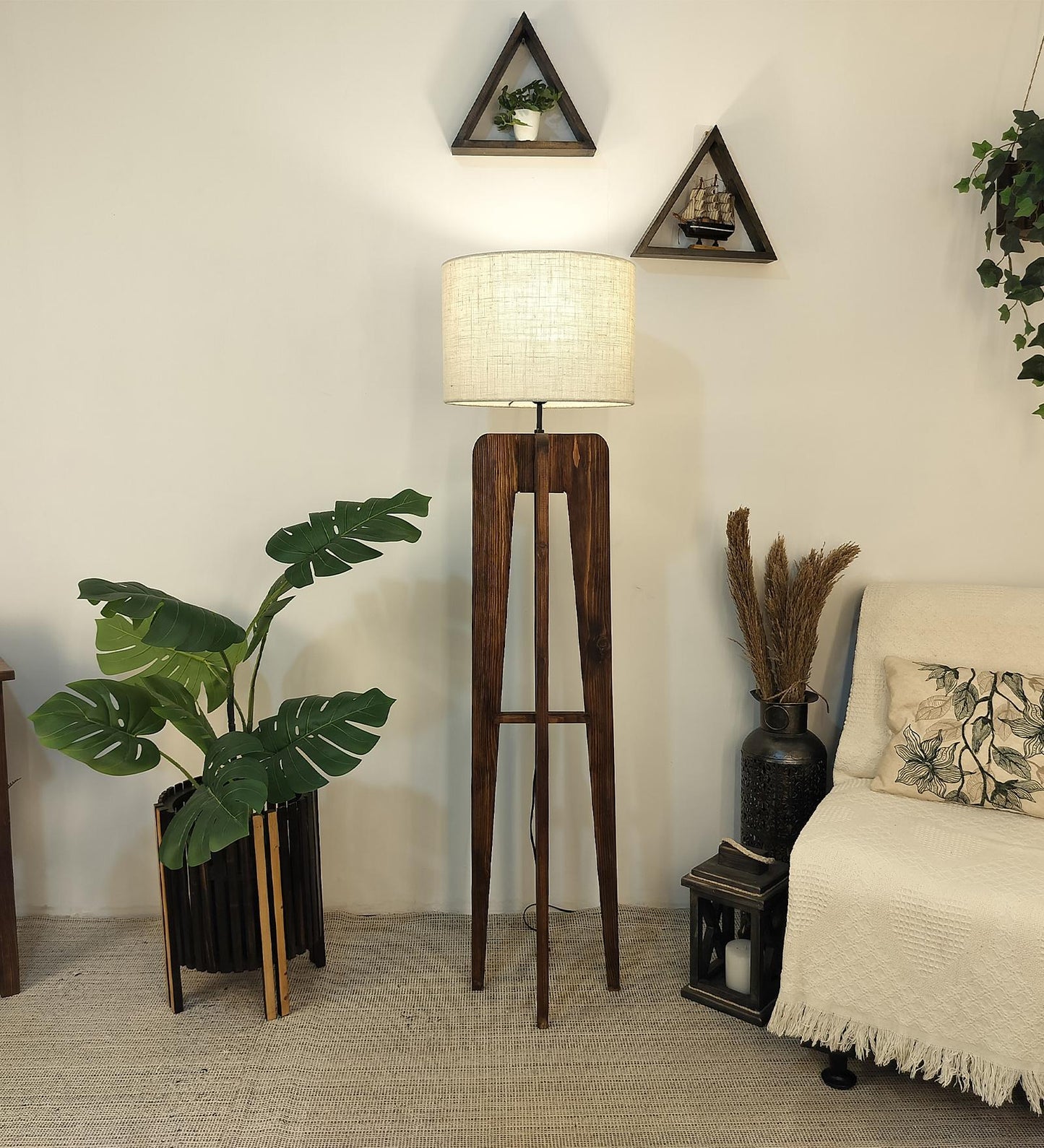 Light Wooden Floor Lamp with Premium Beige Fabric Lampshade