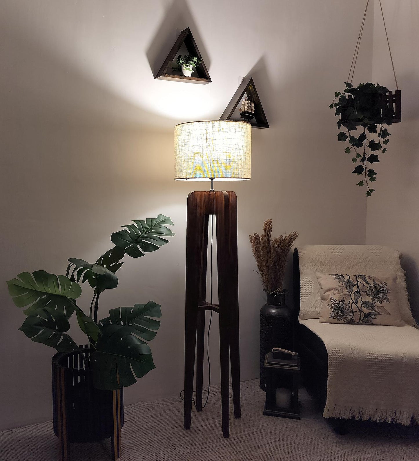 Light Wooden Floor Lamp with Premium Beige Fabric Lampshade
