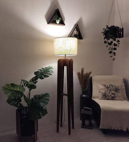 Light Wooden Floor Lamp with Premium Beige Fabric Lampshade