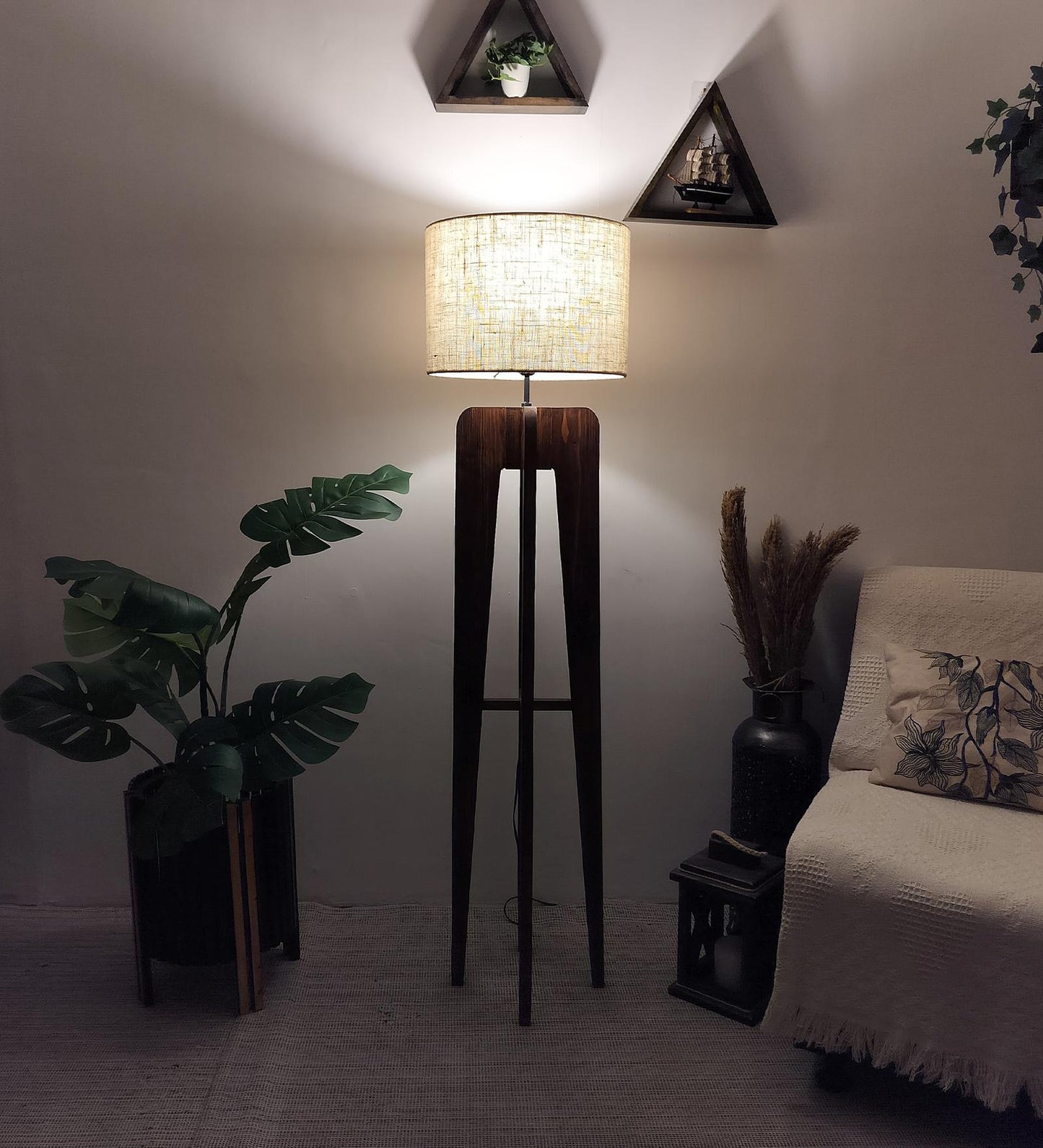 Light Wooden Floor Lamp with Premium Beige Fabric Lampshade