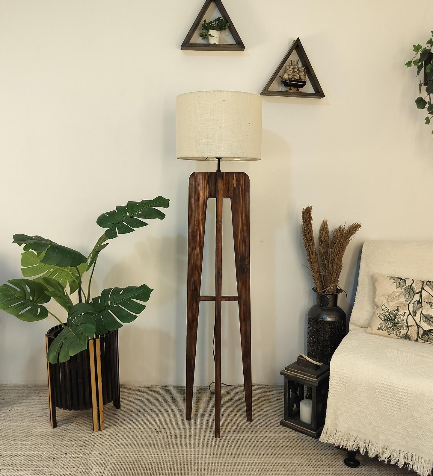 Light Wooden Floor Lamp with Premium Beige Fabric Lampshade