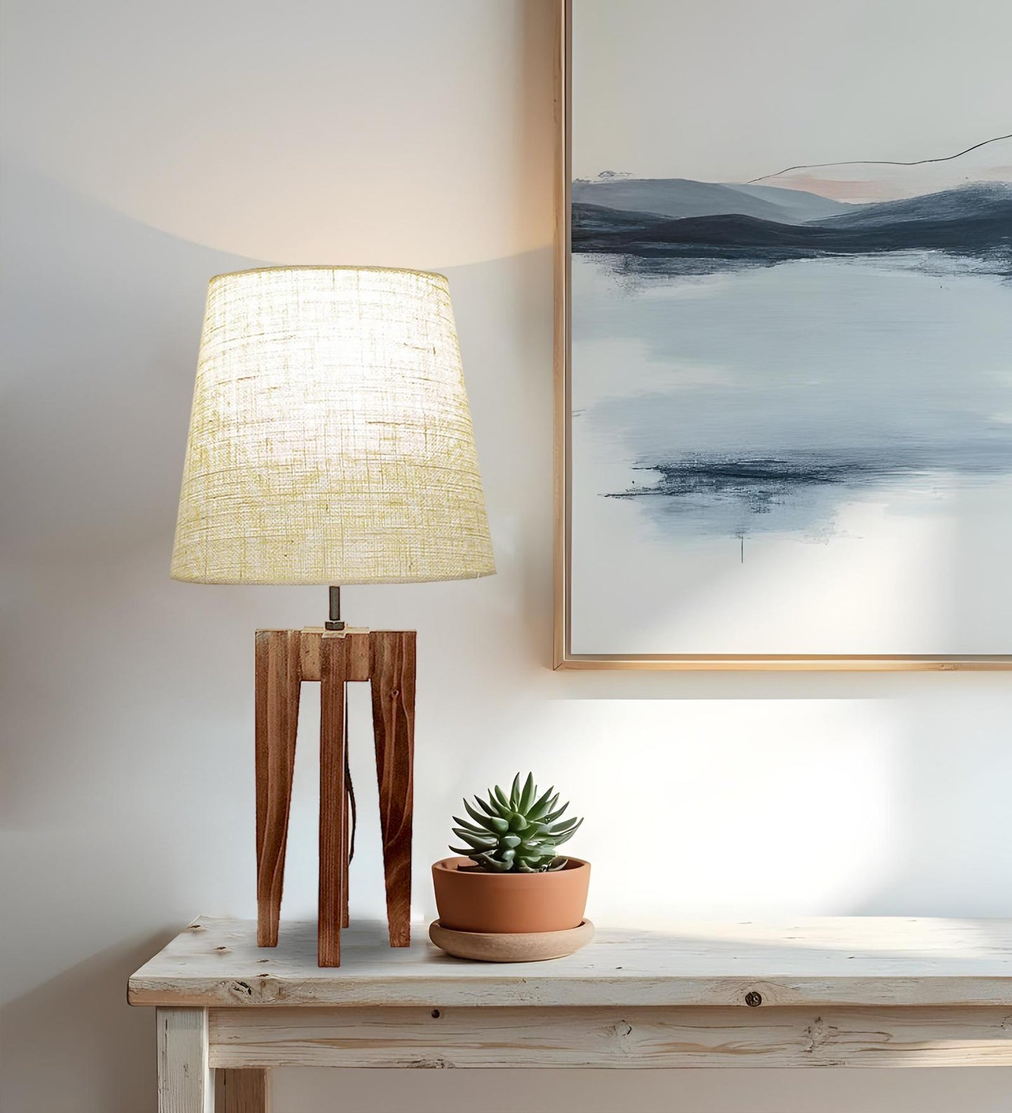 Light Brown Wooden Table Lamp with Jute Lampshade