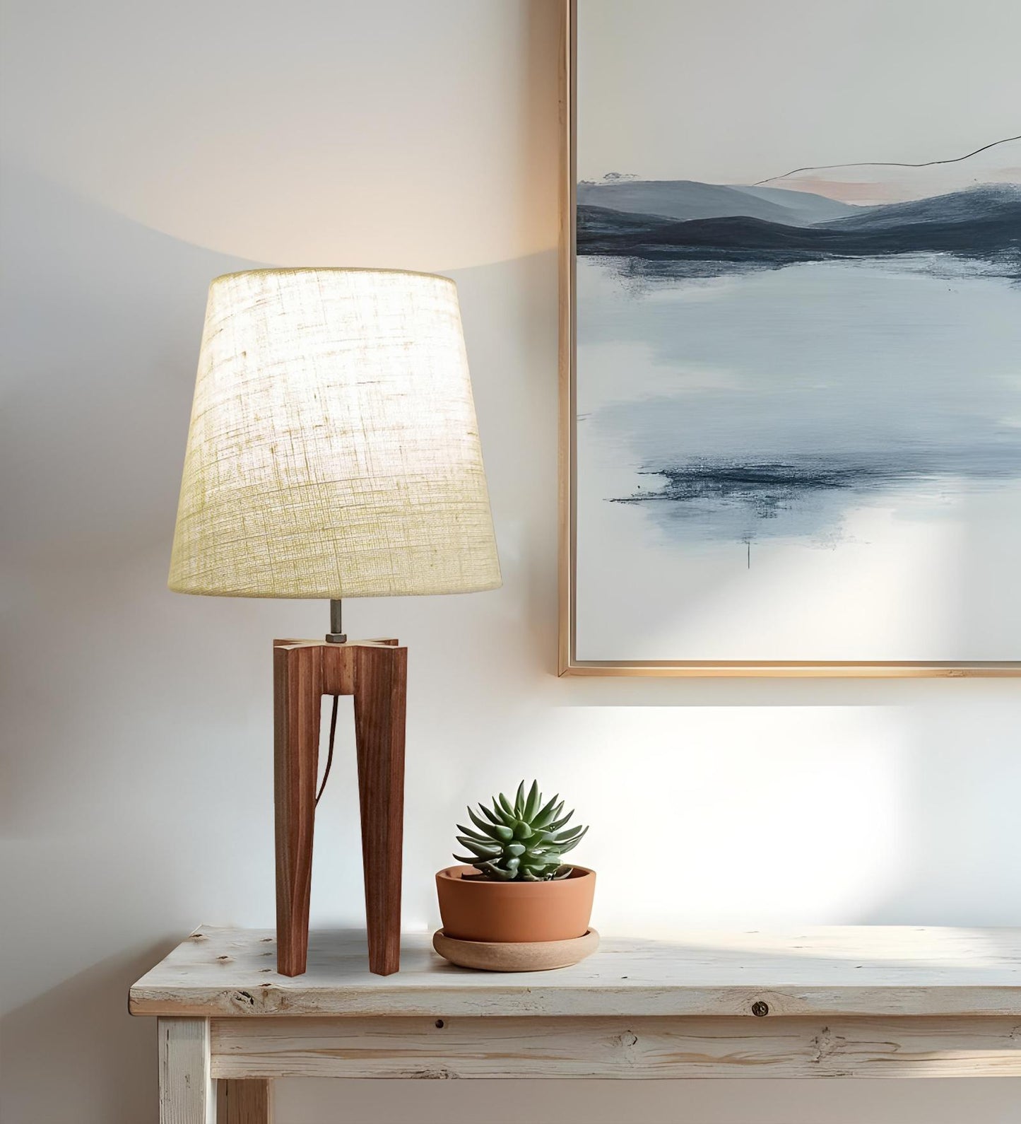 Light Brown Wooden Table Lamp with Jute Lampshade