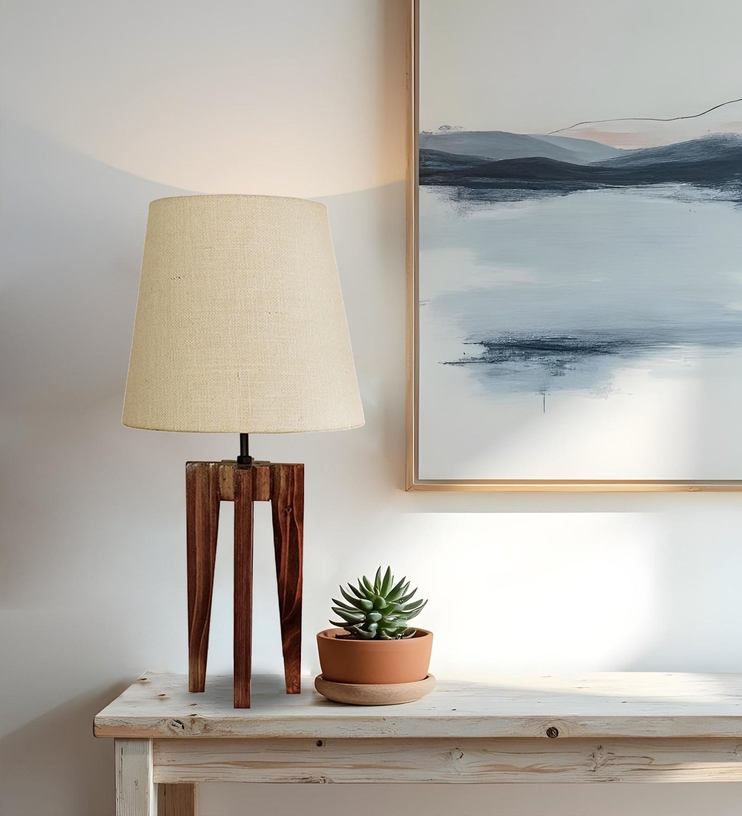 Light Brown Wooden Table Lamp with Jute Lampshade