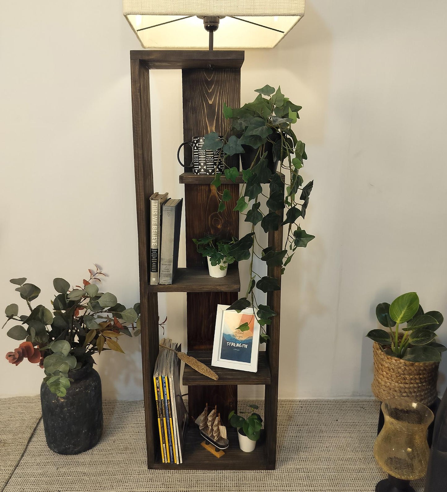 Grace Wooden Floor Lamp with Brown Base and Jute Fabric Lampshade