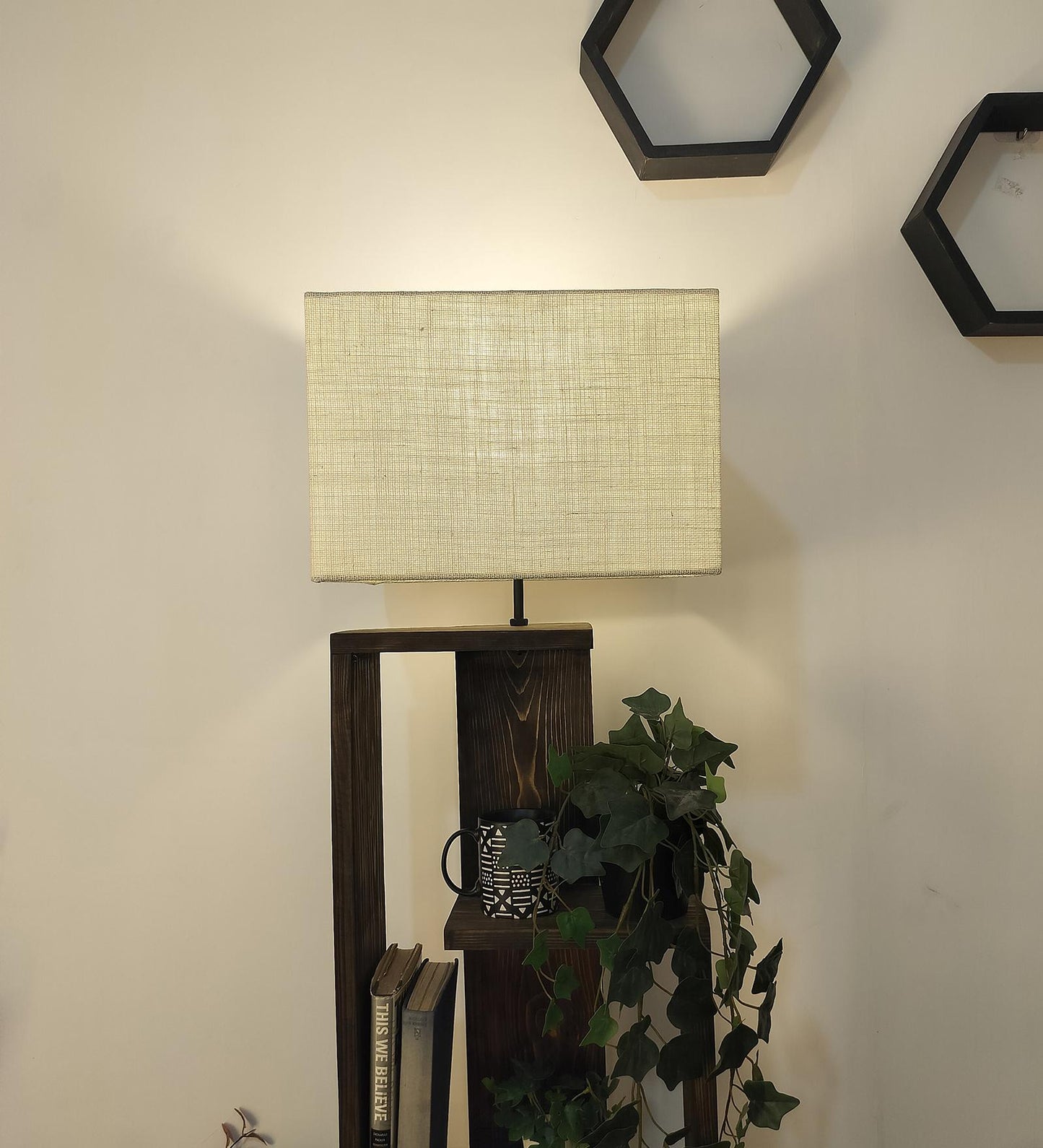 Grace Wooden Floor Lamp with Brown Base and Jute Fabric Lampshade