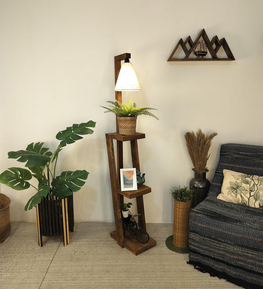 Tall Wooden Floor Lamp with Brown Base and Jute Fabric Lampshade