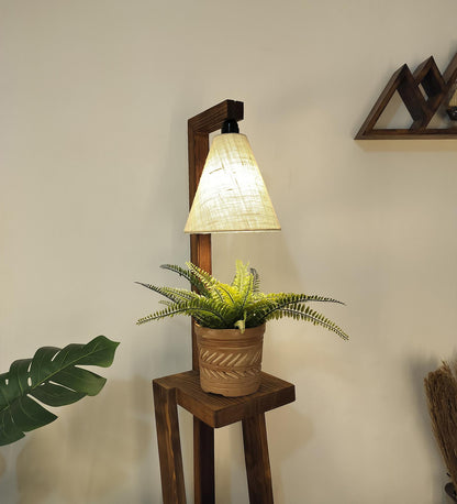 Tall Wooden Floor Lamp with Brown Base and Jute Fabric Lampshade