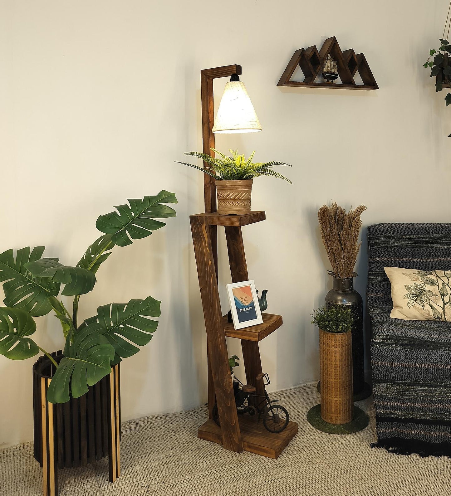 Tall Wooden Floor Lamp with Brown Base and Jute Fabric Lampshade