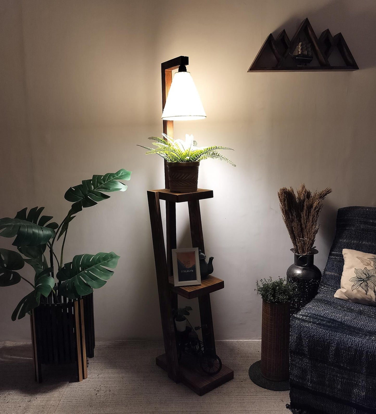 Tall Wooden Floor Lamp with Brown Base and Jute Fabric Lampshade
