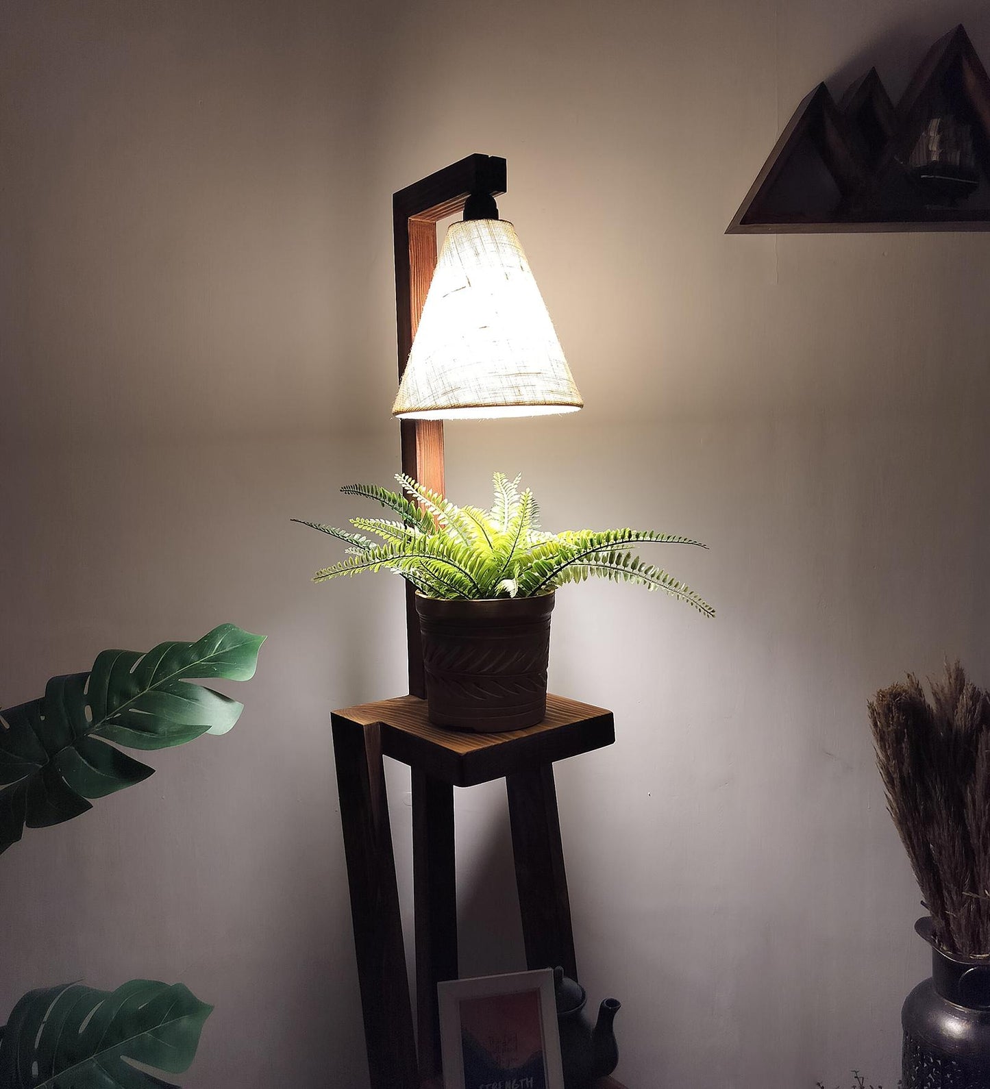 Tall Wooden Floor Lamp with Brown Base and Jute Fabric Lampshade