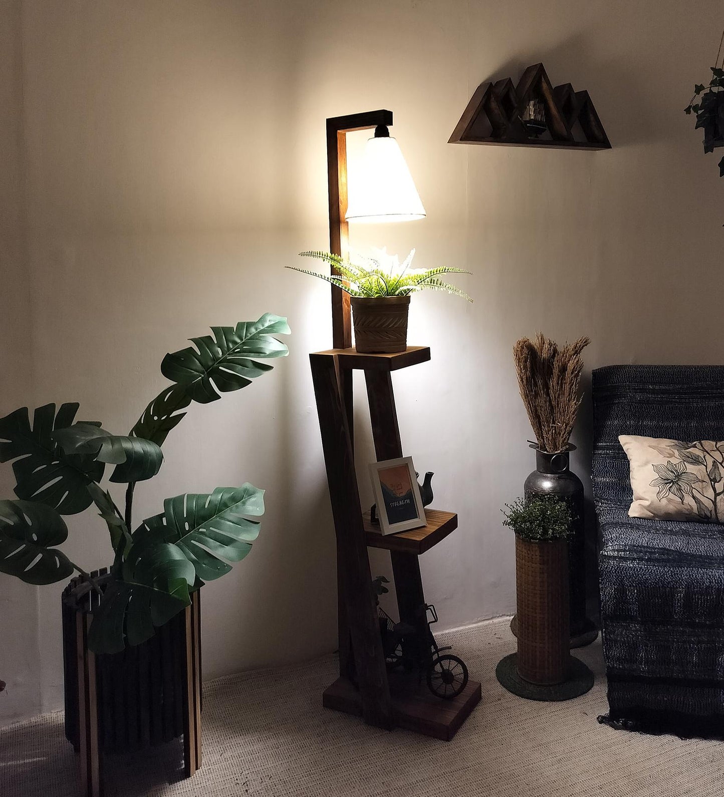 Tall Wooden Floor Lamp with Brown Base and Jute Fabric Lampshade