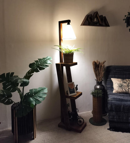 Tall Wooden Floor Lamp with Brown Base and Jute Fabric Lampshade