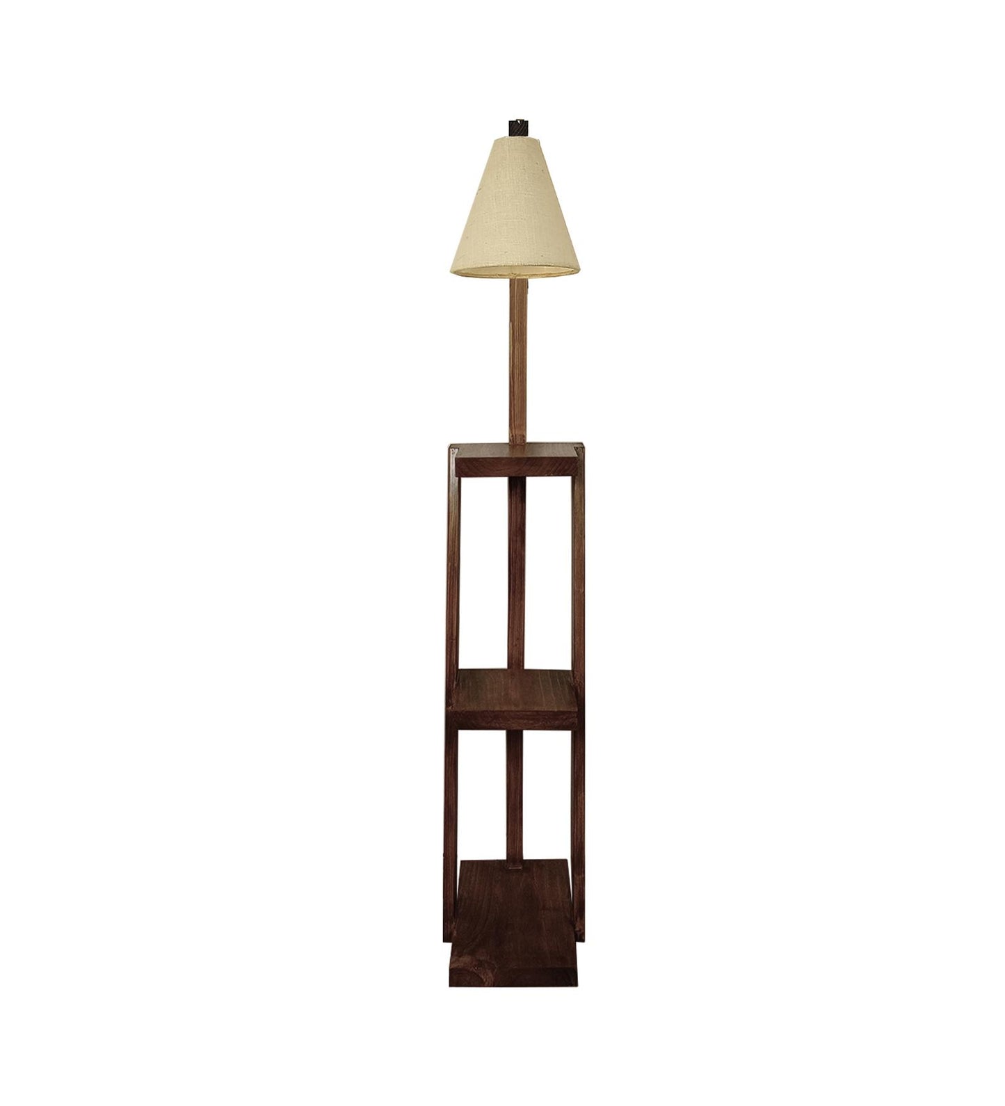 Tall Wooden Floor Lamp with Brown Base and Jute Fabric Lampshade