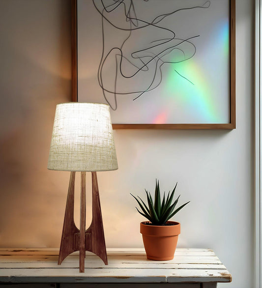 Opal Brown Wooden Table Lamp with Jute Lampshade