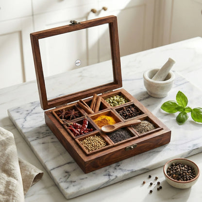 Woodfit Premium Square 9-Compartment Solid Sheesham Wood Masala Box with Glass Top and Wooden Spoon