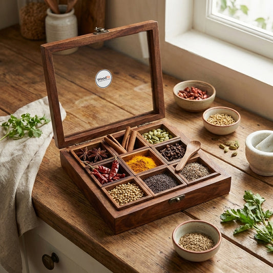 Woodfit Premium Square 9-Compartment Solid Sheesham Wood Masala Box with Glass Top and Wooden Spoon