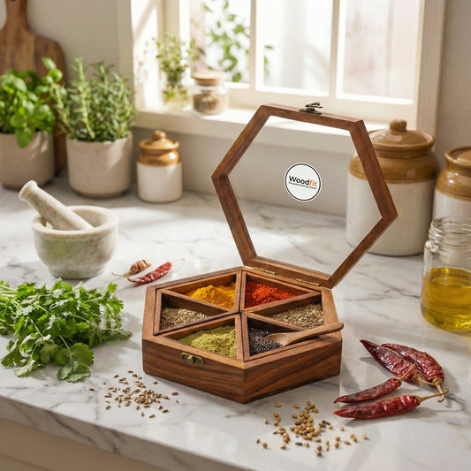 Woodfit Hexagonal Handcrafted Solid Sheesham Wood Masala Box with Glass Top and Brass Latch