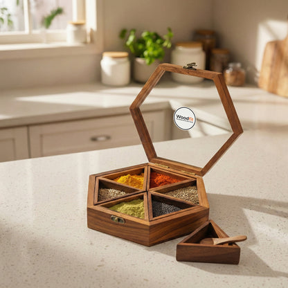 Woodfit Hexagonal Handcrafted Solid Sheesham Wood Masala Box with Glass Top and Brass Latch