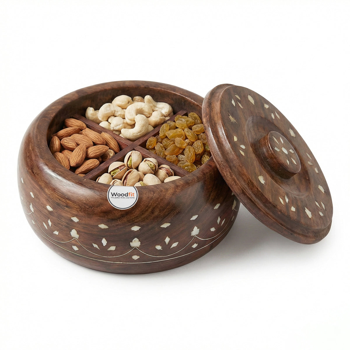 Woodfit Compact Handcrafted Solid Sheesham Wood Masala & Dry Fruit Box (Small) – Floral Inlay Design