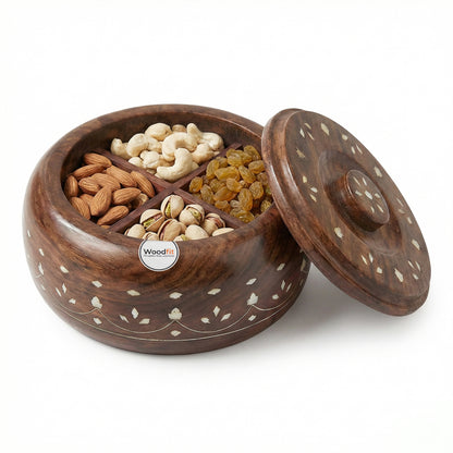 Woodfit Compact Handcrafted Solid Sheesham Wood Masala & Dry Fruit Box (Small) – Floral Inlay Design