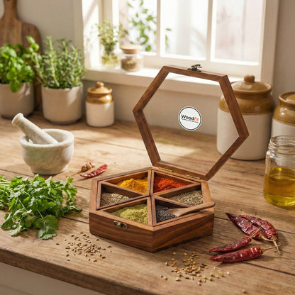 Woodfit Hexagonal Handcrafted Solid Sheesham Wood Masala Box with Glass Top and Brass Latch