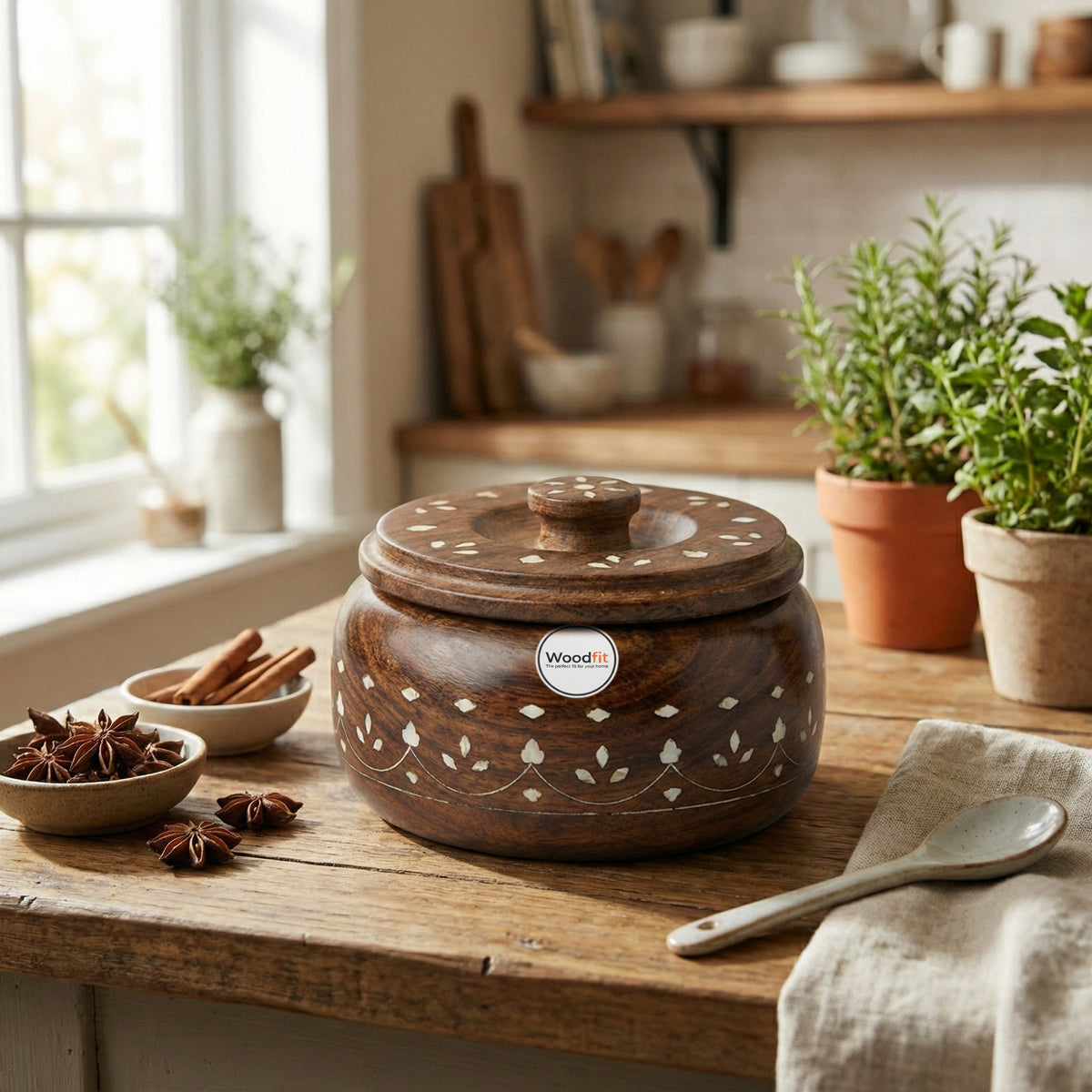 Woodfit Compact Handcrafted Solid Sheesham Wood Masala & Dry Fruit Box (Small) – Floral Inlay Design