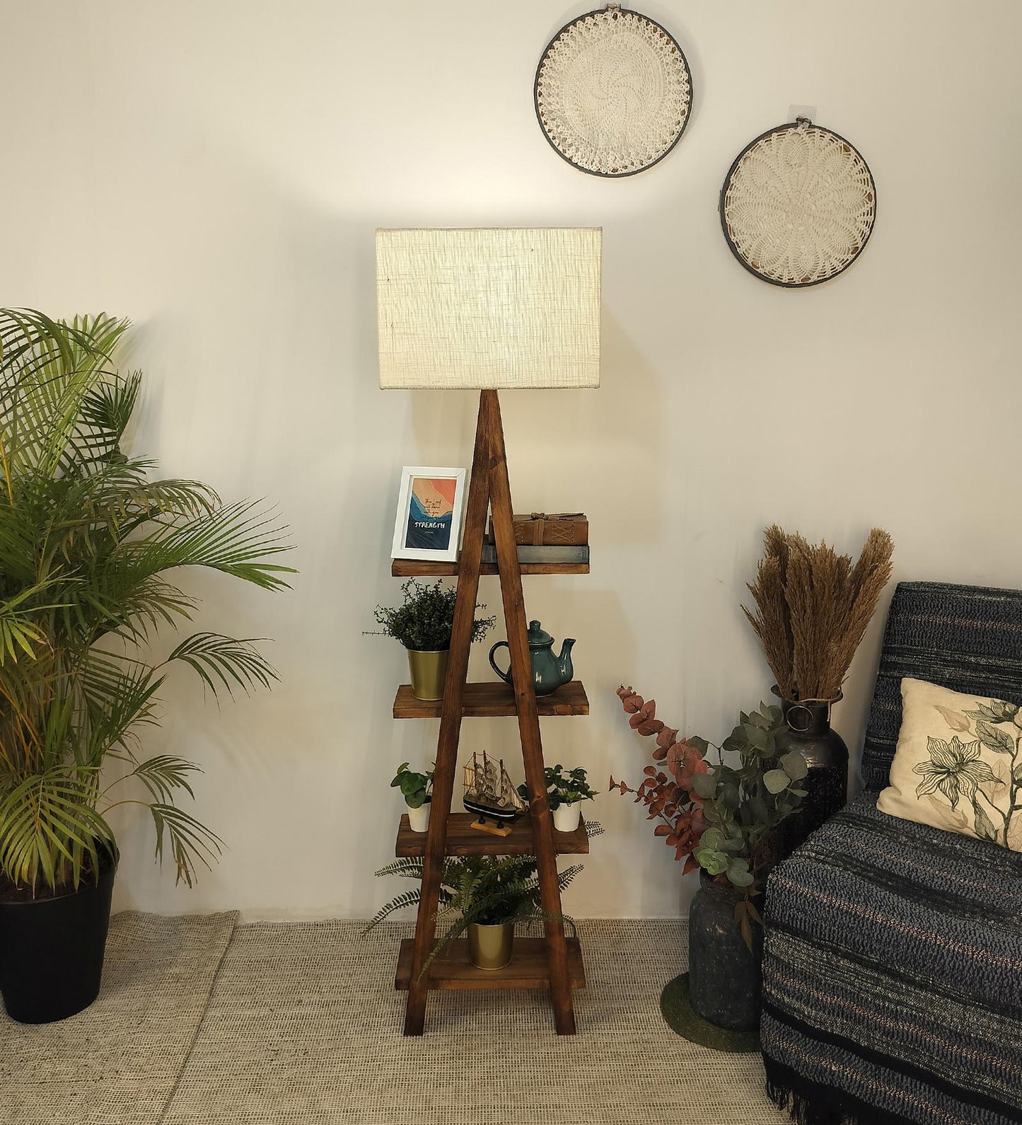 Alpine Wooden Floor Lamp with Brown Base and Jute Fabric Lampshade