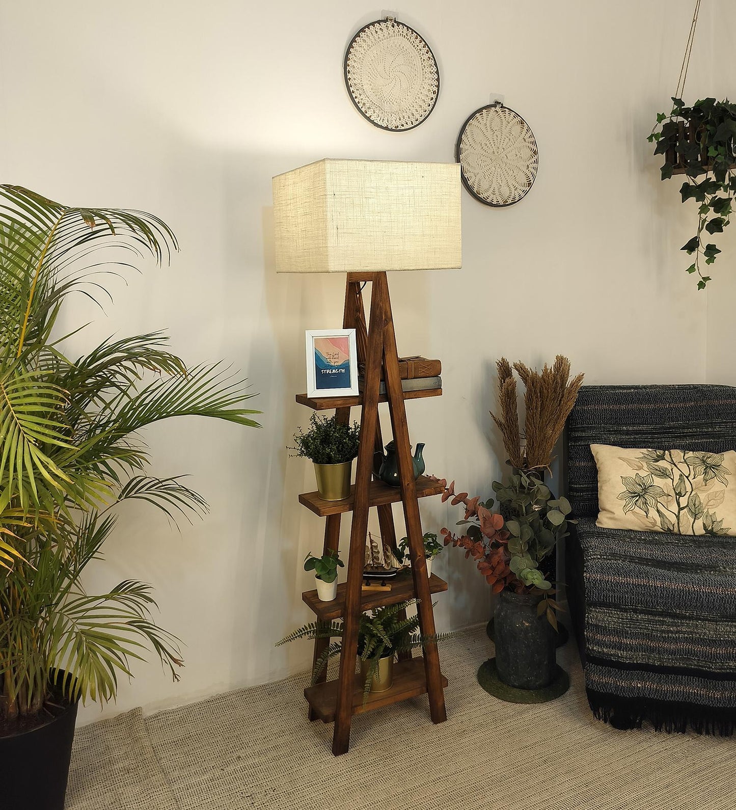 Alpine Wooden Floor Lamp with Brown Base and Jute Fabric Lampshade
