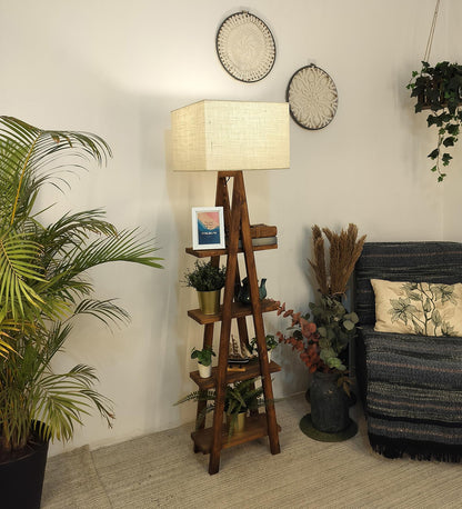 Alpine Wooden Floor Lamp with Brown Base and Jute Fabric Lampshade