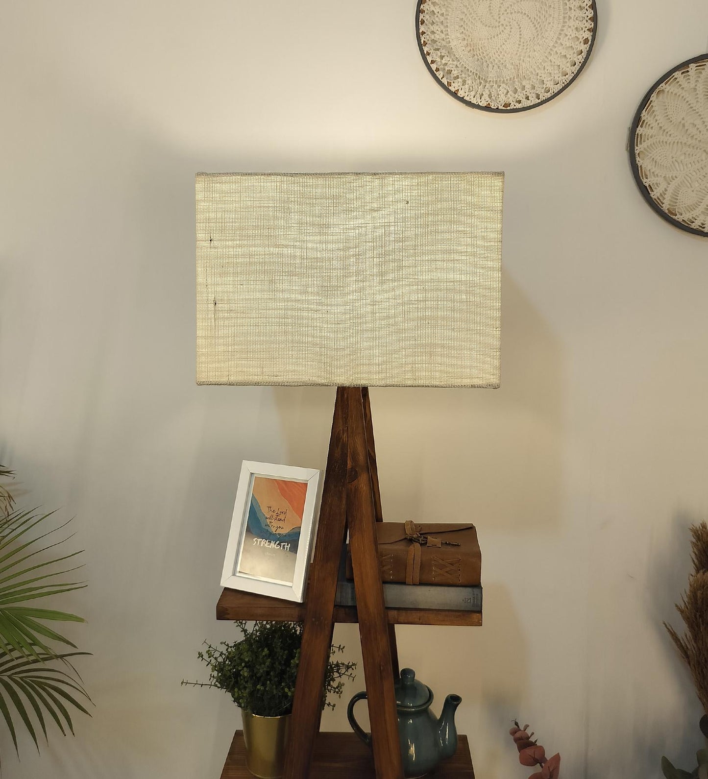Alpine Wooden Floor Lamp with Brown Base and Jute Fabric Lampshade