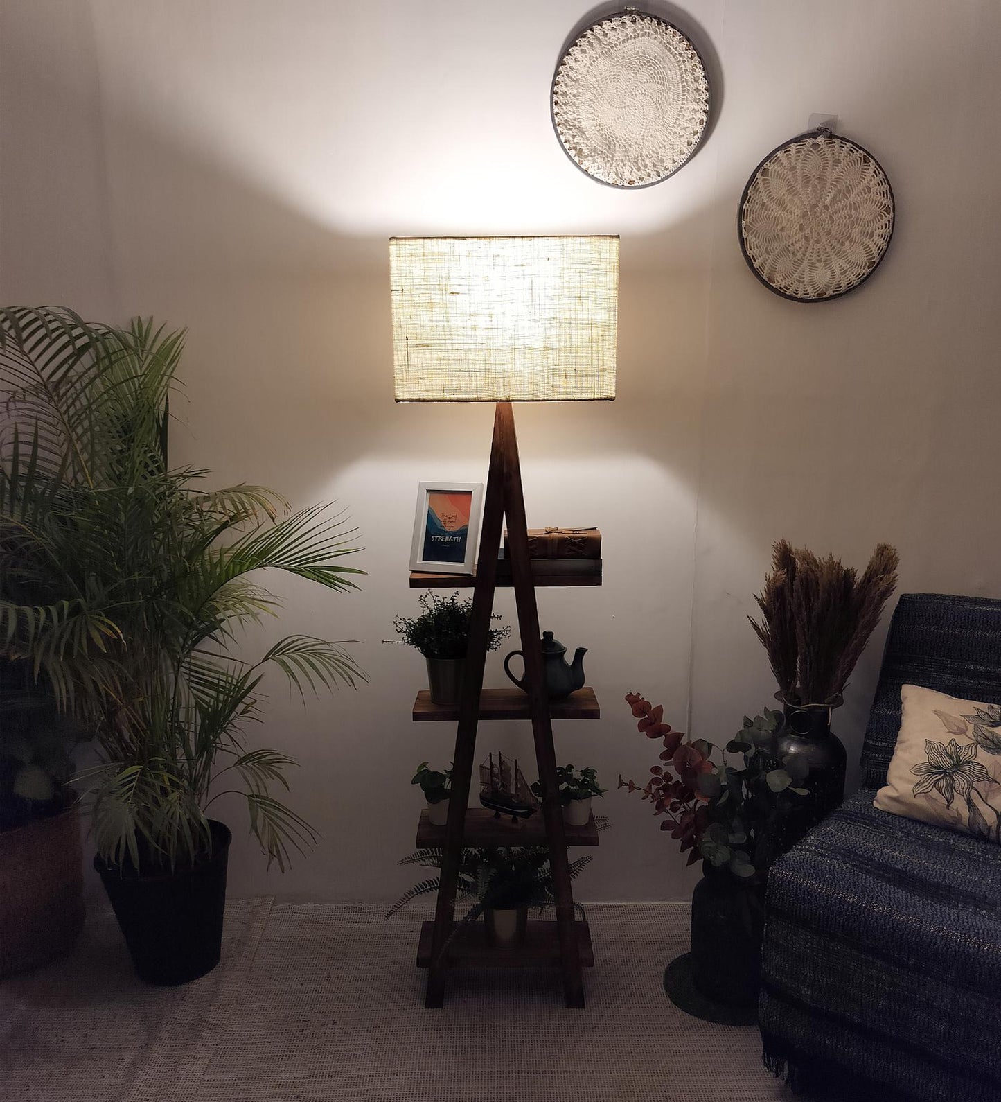 Alpine Wooden Floor Lamp with Brown Base and Jute Fabric Lampshade