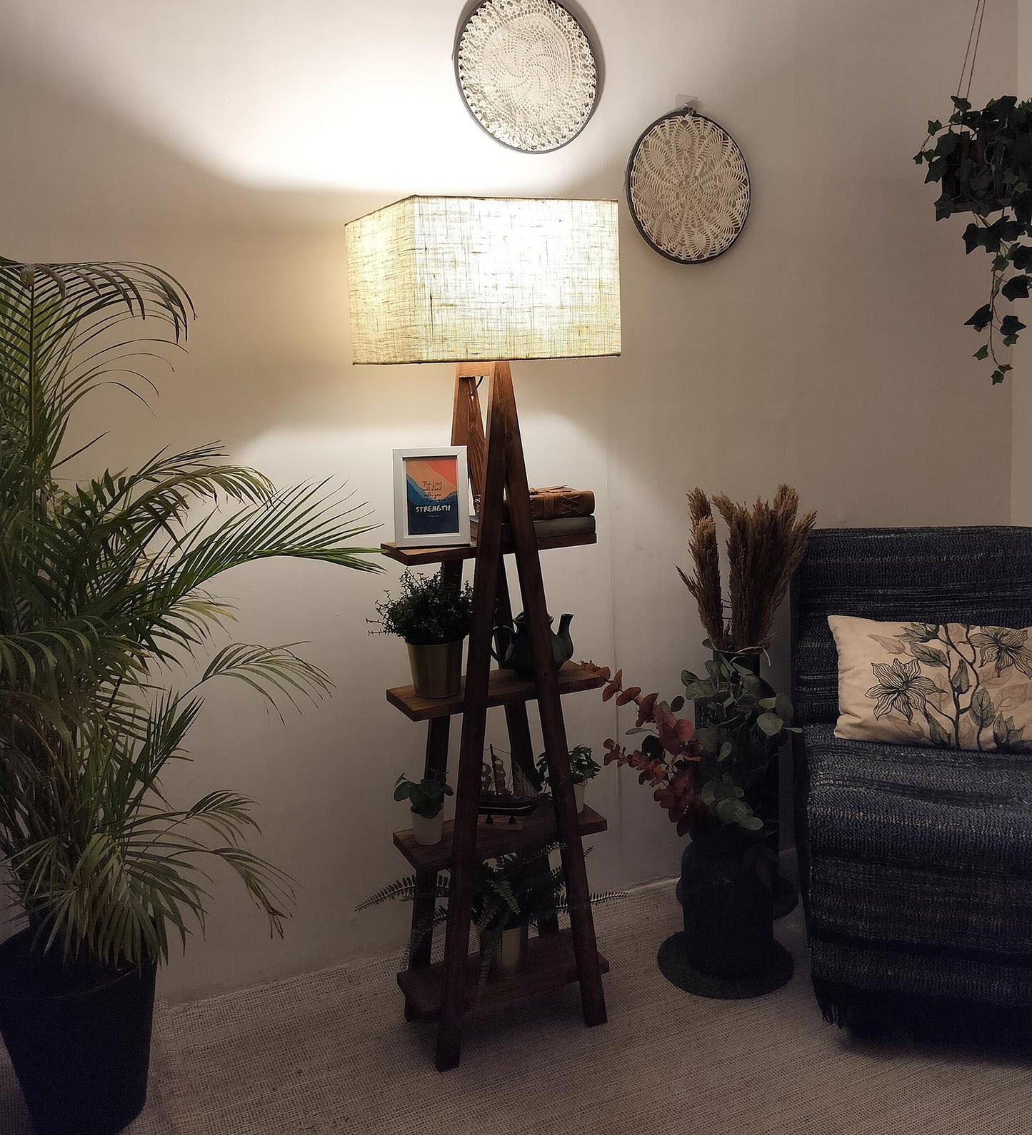 Alpine Wooden Floor Lamp with Brown Base and Jute Fabric Lampshade